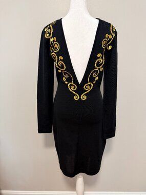 Vintage Andrea Jovine Black Wool Dress M Gold Embroidery Deep V Back